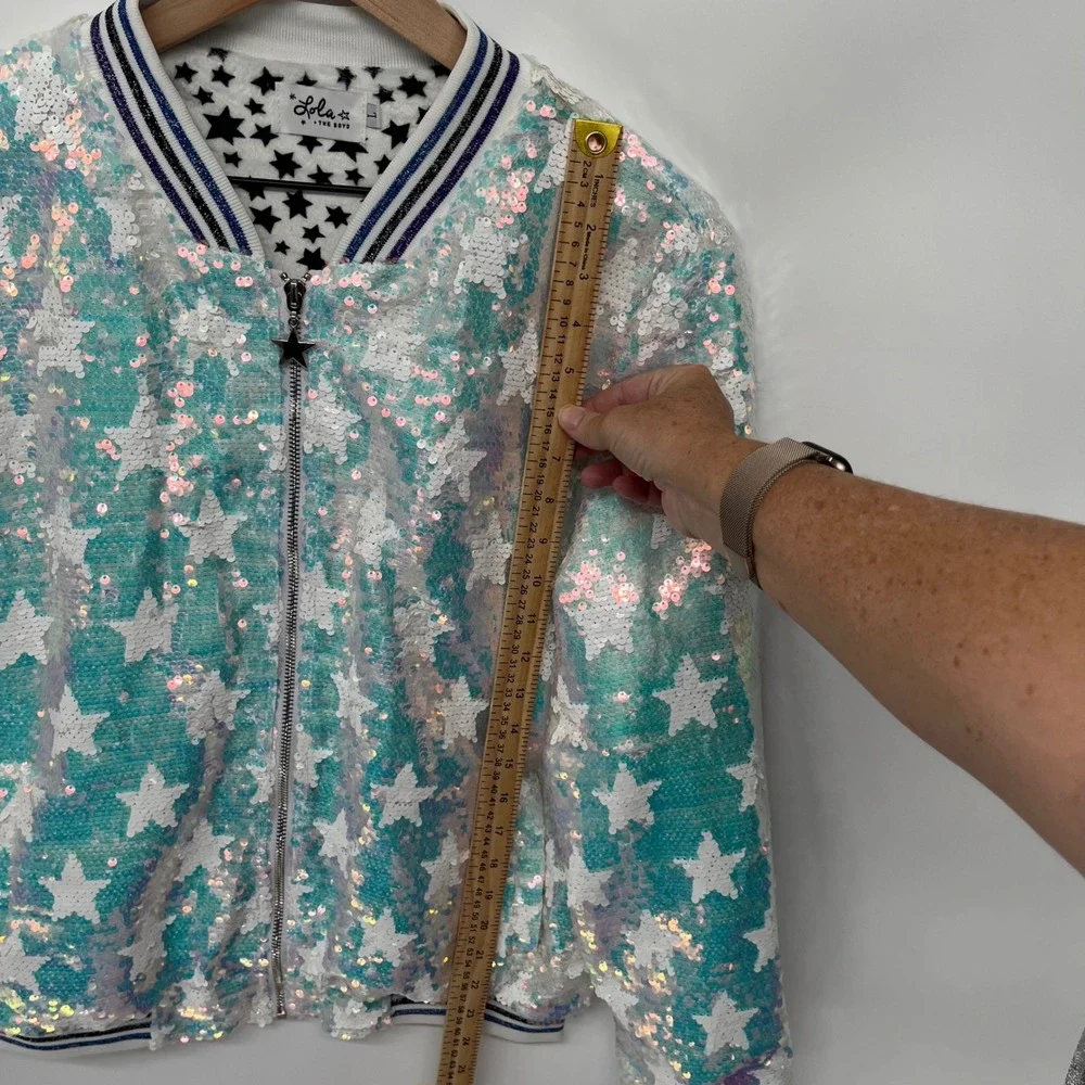 Lola + the Boys Sequins Star Bomber Jacket Kids Large White Iridescent Shimmer